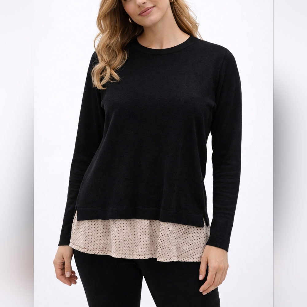 Adrianna Papell Black Sweater with Beige Polka Dot Hem Size L Layered Look Top